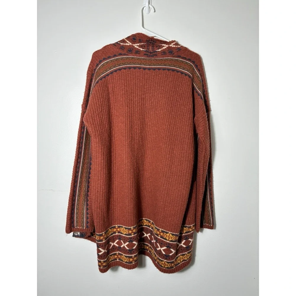 Lucky‎ Brand Aztec Southwestern Open Cardigan sz Large Rust Brown Boho